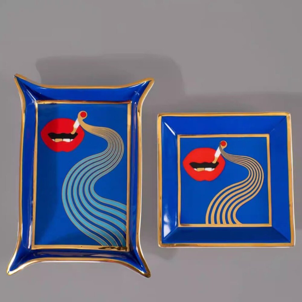 Brand New Jonathan Adler Blue Gold Red Porcelain Full Dose Square Tray - Picture 2 of 7